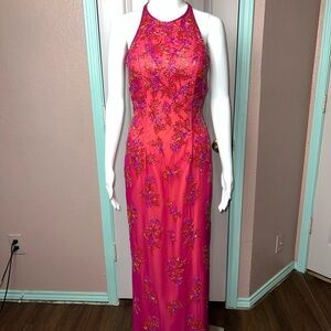 Vintage Andretta Donatello 100% Silk Beaded Slip Gown XS Halter Formal Evening